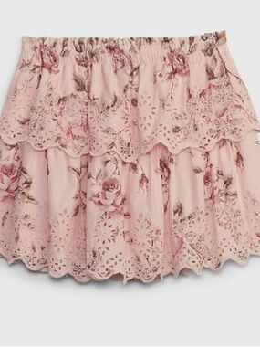 LoveShackFancy Pink Floral Eyelet Tiered Skirt